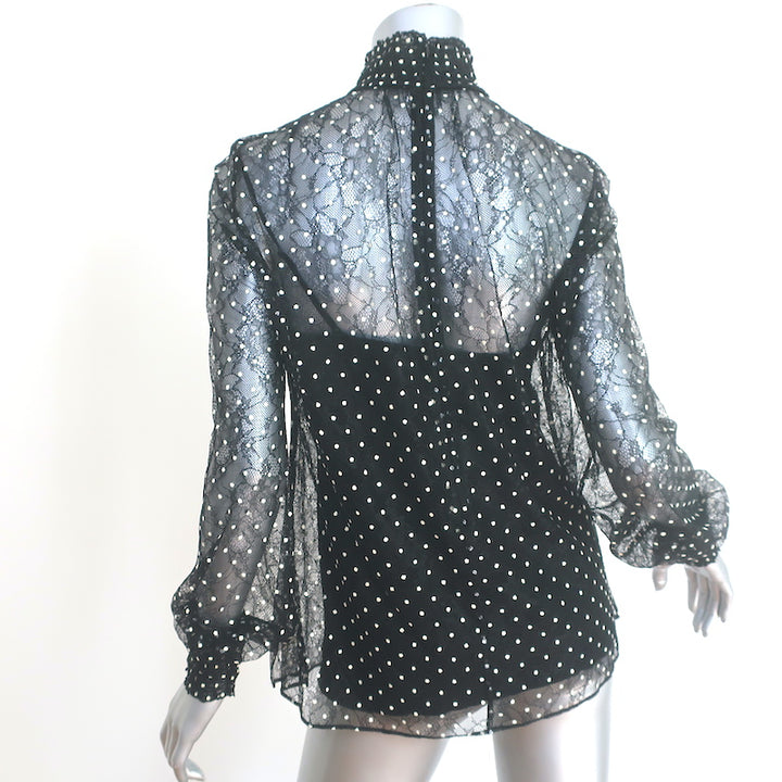 Akris Punto Polka Dot Lace Blouse Black Size 4 Long Sleeve Turtleneck Top
