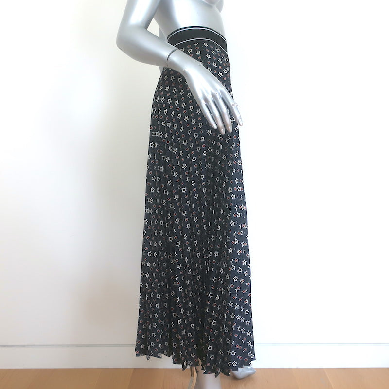 Sandro Tosca Pleated Star Print Midi Skirt Black Satin Twill Size 34