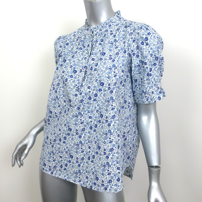 Apiece Apart Los Altos Puff Sleeve Top Blue Floral Print Cotton Size Small