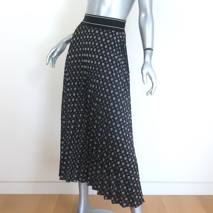 Sandro Tosca Pleated Star Print Midi Skirt Black Satin Twill Size 34