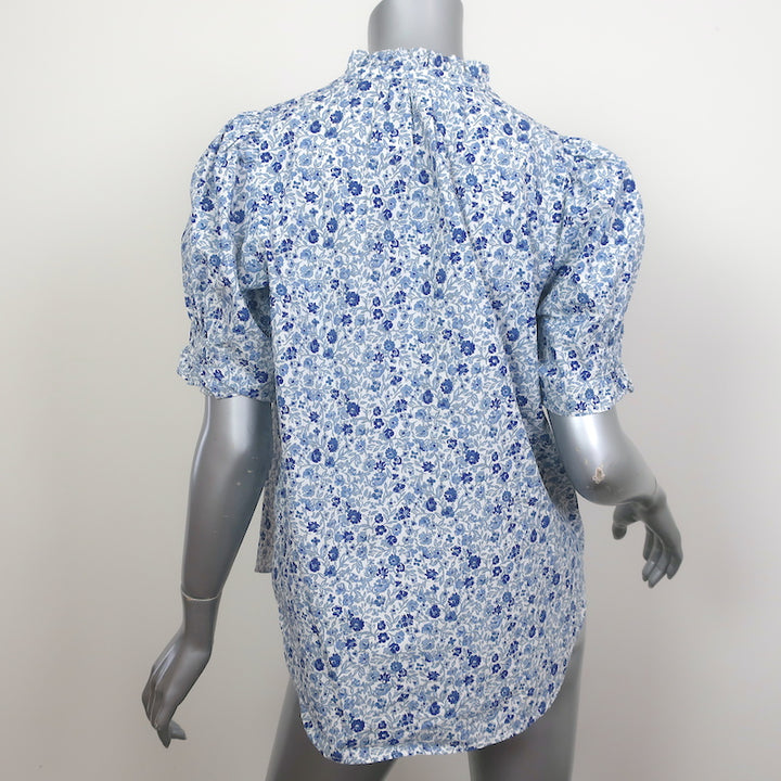 Apiece Apart Los Altos Puff Sleeve Top Blue Floral Print Cotton Size Small