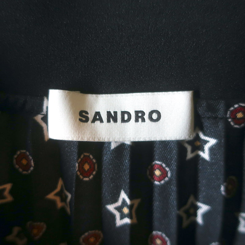 Sandro Tosca Pleated Star Print Midi Skirt Black Satin Twill Size 34