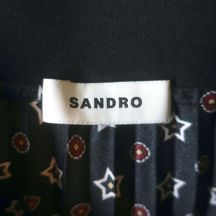 Sandro Tosca Pleated Star Print Midi Skirt Black Satin Twill Size 34