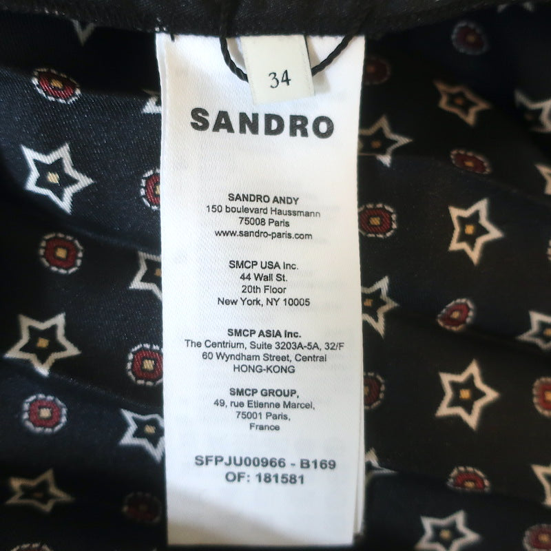 Sandro Tosca Pleated Star Print Midi Skirt Black Satin Twill Size 34