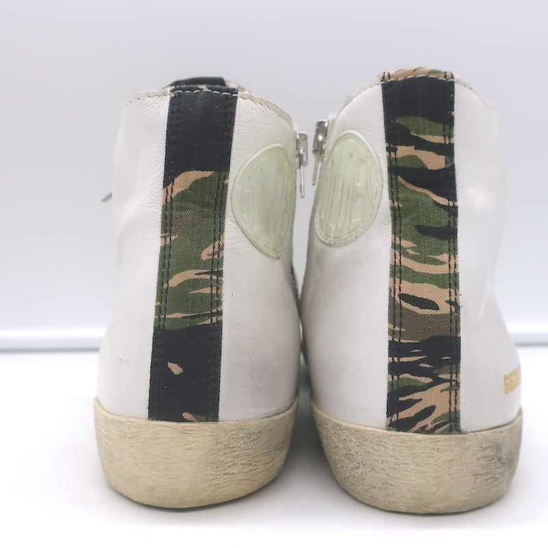 Golden Goose Francy Camo-Trim High Top Sneakers White Leather Size 36