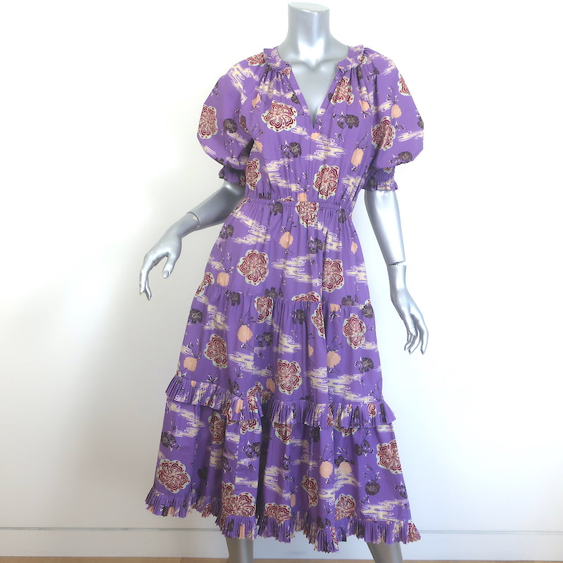 Ulla Johnson Dasha Puff Sleeve Tiered Midi Dress Purple Floral Print Size 4
