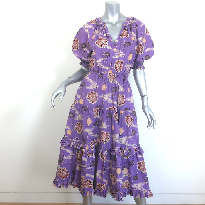 Ulla Johnson Dasha Puff Sleeve Tiered Midi Dress Purple Floral Print Size 4