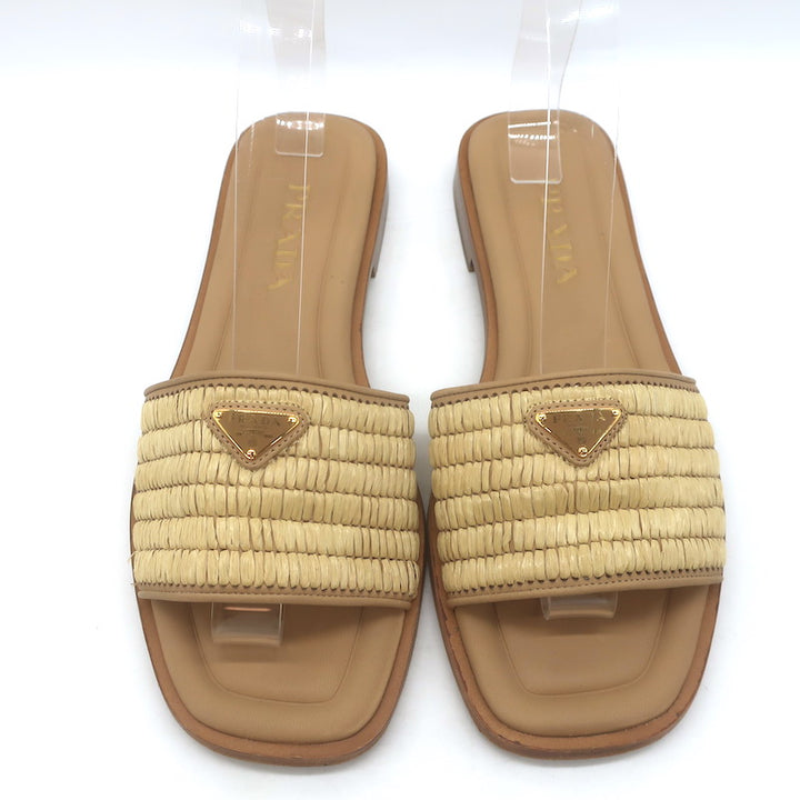 Prada Raffia Slide Sandals Natural Size 39