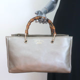 Gucci Bamboo Top Handle Tote Gold Pebbled Leather Medium Crossbody Bag
