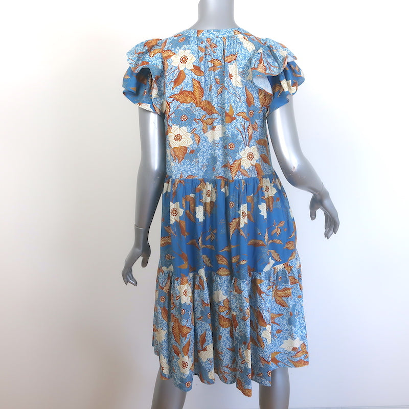 Ulla Johnson Gail Tiered Tassel-Tie Dress Blue Floral Print Cotton-Blend Size 2
