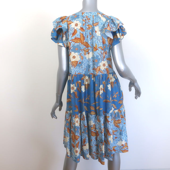 Ulla Johnson Gail Tiered Tassel-Tie Dress Blue Floral Print Cotton-Blend Size 2