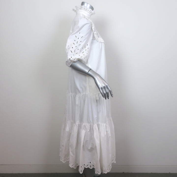 V de Vinster Broderie Anglaise Tiered Midi Dress White Cotton Size Extra Small