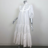 V de Vinster Broderie Anglaise Tiered Midi Dress White Cotton Size Extra Small