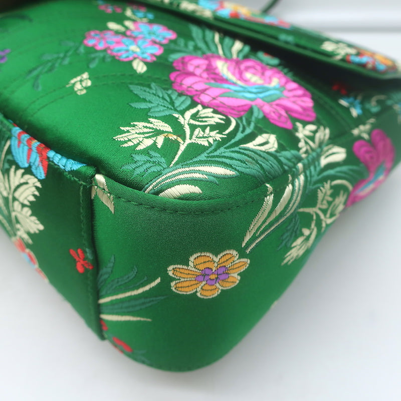 Gucci GG Marmont Matelasse Floral Jacquard Medium Shoulder Bag Green Satin