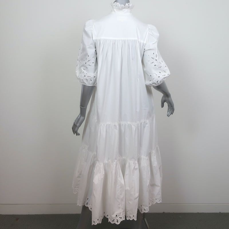V de Vinster Broderie Anglaise Tiered Midi Dress White Cotton Size Extra Small