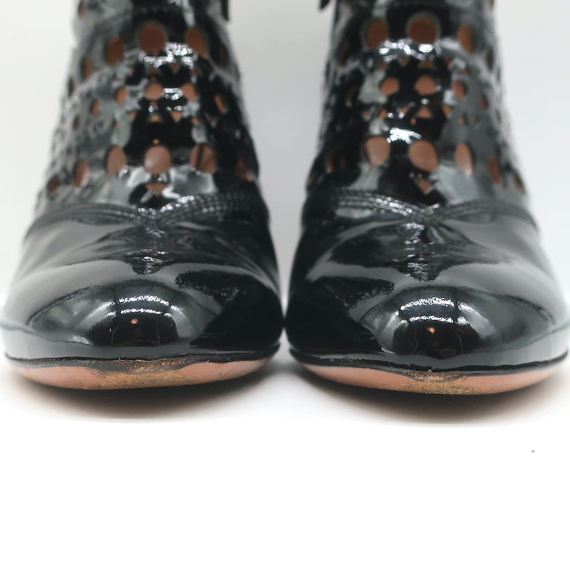 Alaia Laser-Cut Ankle Boots Black Patent Leather Size 38.5 High Heel Booties