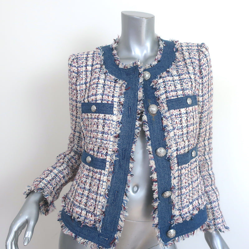 Veronica Beard Esten Denim-Trim Tweed Jacket Multi/Blue Cotton-Blend Size 8