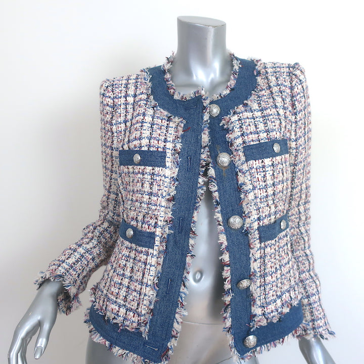Veronica Beard Esten Denim-Trim Tweed Jacket Multi/Blue Cotton-Blend Size 8