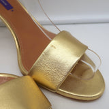 Ralph Lauren Collection Sandals Gold Metallic Leather Size 37.5 Ankle Strap Heel