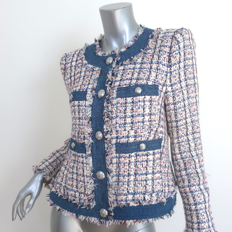 Veronica Beard Esten Denim-Trim Tweed Jacket Multi/Blue Cotton-Blend Size 8