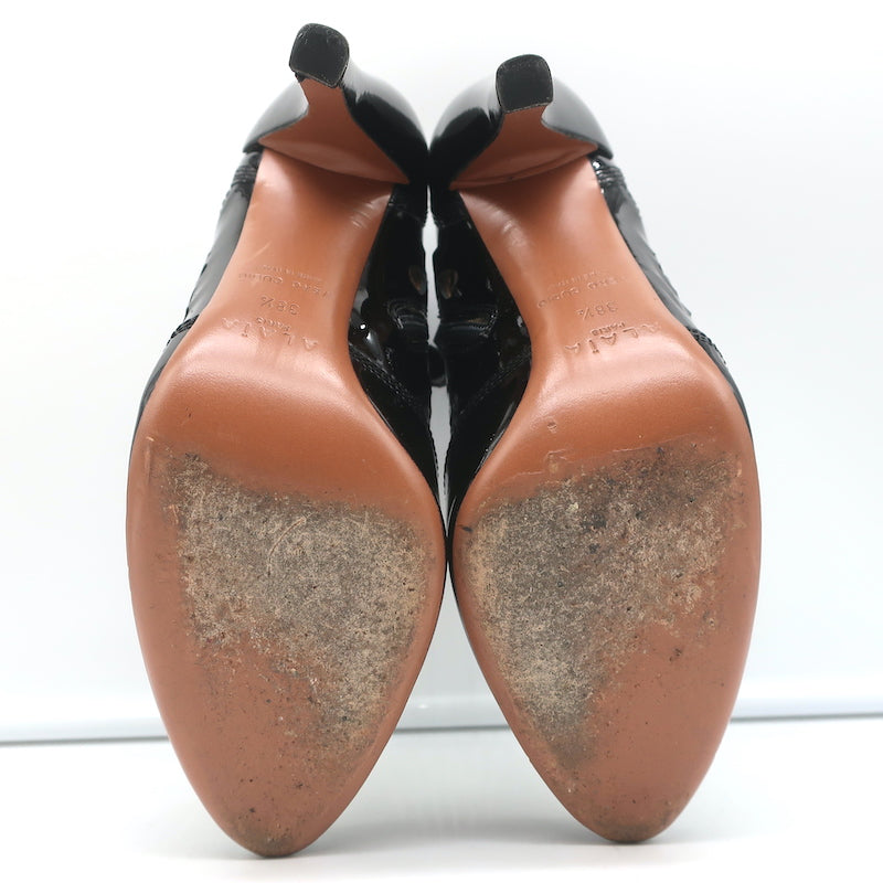 Alaia Laser-Cut Ankle Boots Black Patent Leather Size 38.5 High Heel Booties