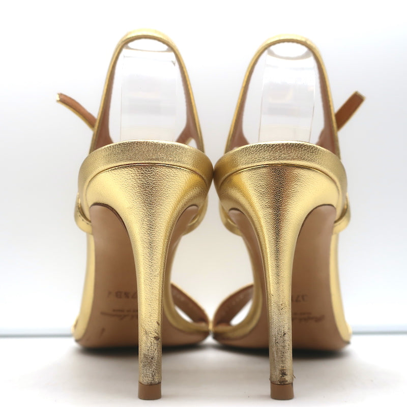Ralph Lauren Collection Sandals Gold Metallic Leather Size 37.5 Ankle Strap Heel