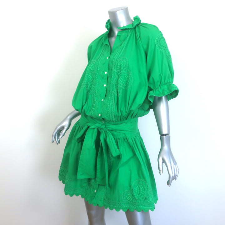 Juliet Dunn Tie-Waist Blouson Mini Dress Green Cotton Poplin Size 1