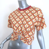 Paco Rabanne Tapestry Gathered U-Ring Cropped T-Shirt Ivory/Red Cotton Size 36