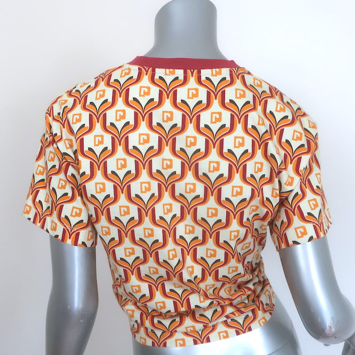 Paco Rabanne Tapestry Gathered U-Ring Cropped T-Shirt Ivory/Red Cotton Size 36