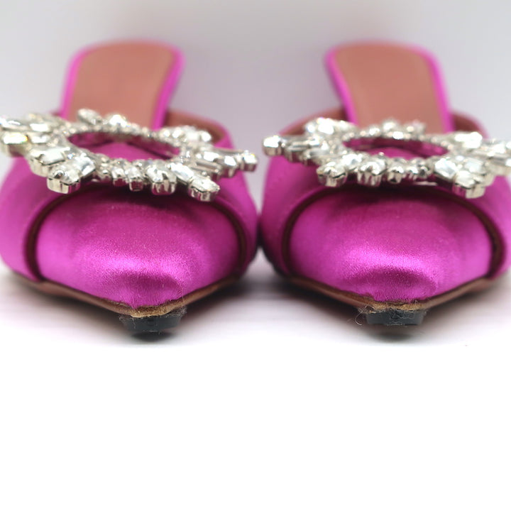 Amina Muaddi Begum Crystal-Embellished Mules Magenta Satin Size 39