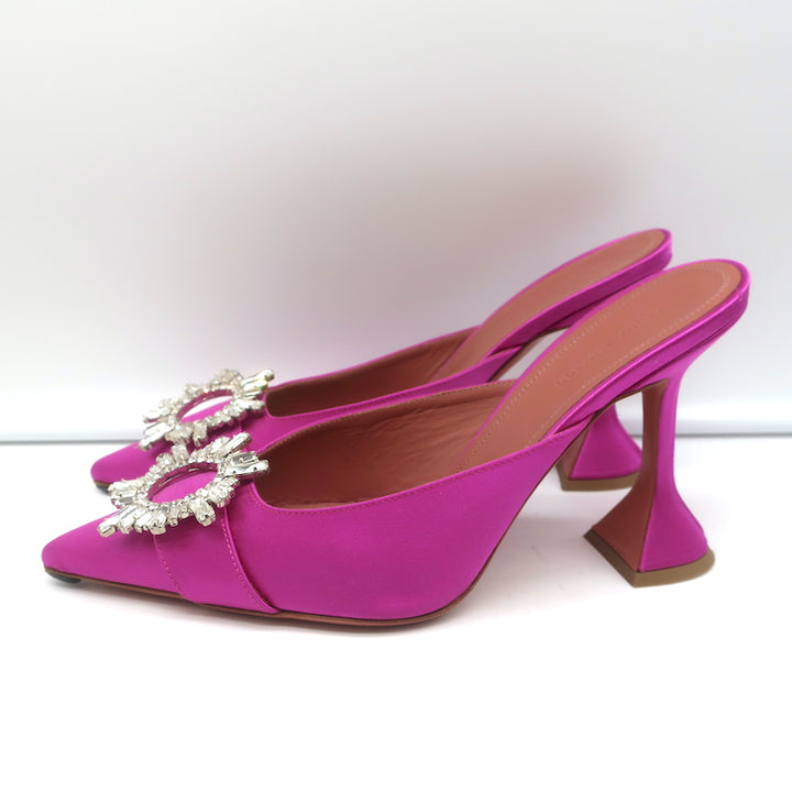 Amina Muaddi Begum Crystal-Embellished Mules Magenta Satin Size 39