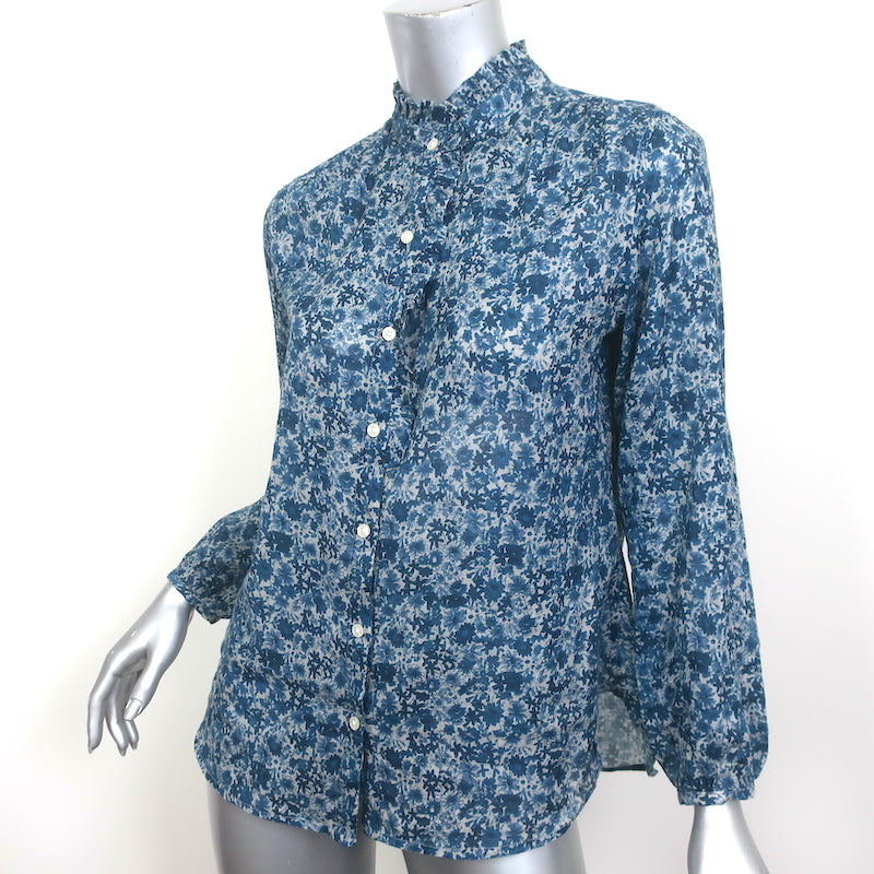 Trovata Birds of Paradis Ruffle Trim Shirt Blue Floral Print Size Small
