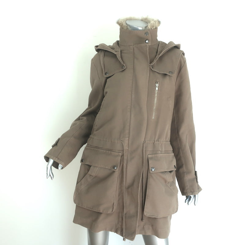 A.L.C. Coyote Fur-Trimmed Hooded Parka Khaki Cotton Size Small