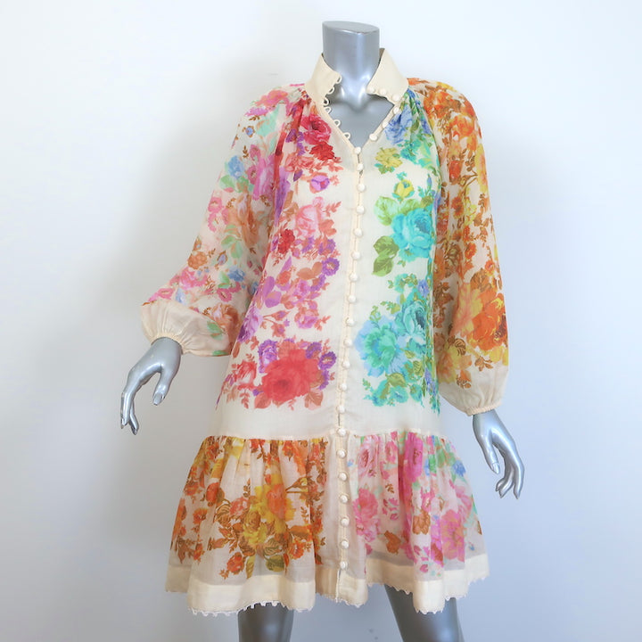 Zimmermann Raie Belted Button-Front Mini Dress Ivory/Multi Floral Print Size 0