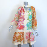 Zimmermann Raie Belted Button-Front Mini Dress Ivory/Multi Floral Print Size 0