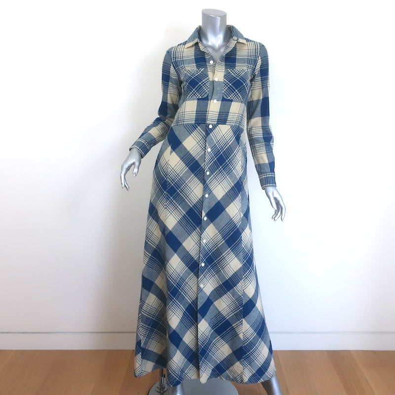 RRL Ralph Lauren Plaid Belted Maxi Shirtdress Blue/Cream Cotton-Linen Size 1