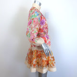 Zimmermann Raie Belted Button-Front Mini Dress Ivory/Multi Floral Print Size 0
