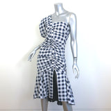 Jonathan Simkhai Lux One-Shoulder Gingham Midi Dress Navy/White Twill Size 2