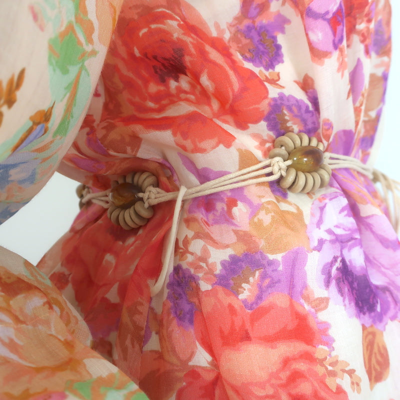 Zimmermann Raie Belted Button-Front Mini Dress Ivory/Multi Floral Print Size 0