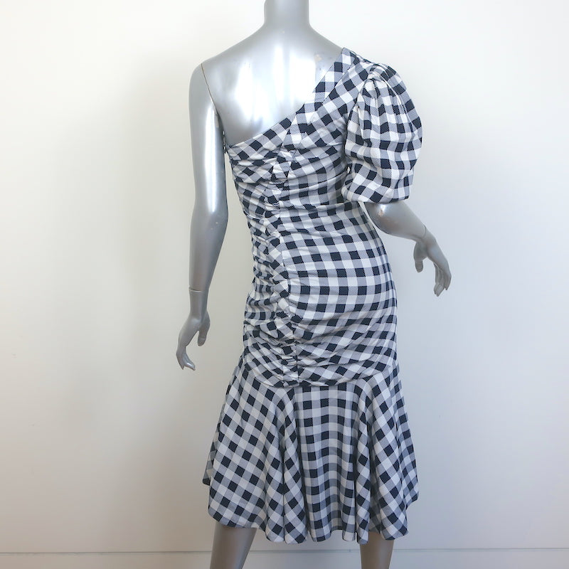 Jonathan Simkhai Lux One-Shoulder Gingham Midi Dress Navy/White Twill Size 2