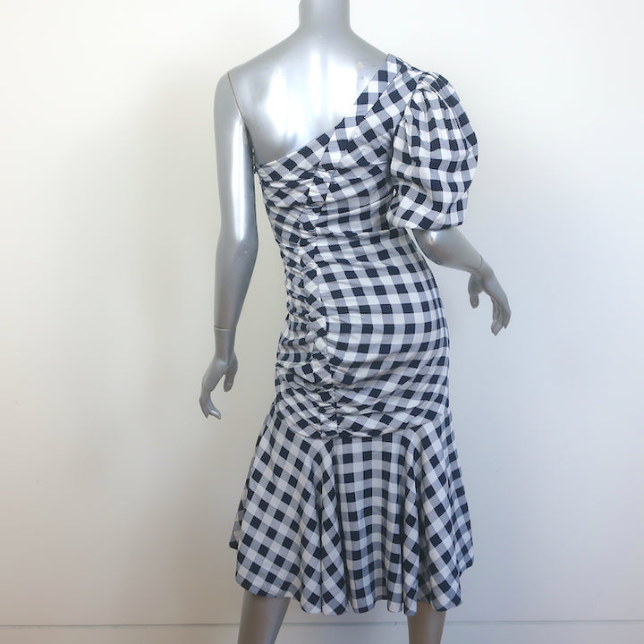 Jonathan Simkhai Lux One-Shoulder Gingham Midi Dress Navy/White Twill Size 2