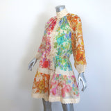 Zimmermann Raie Belted Button-Front Mini Dress Ivory/Multi Floral Print Size 0