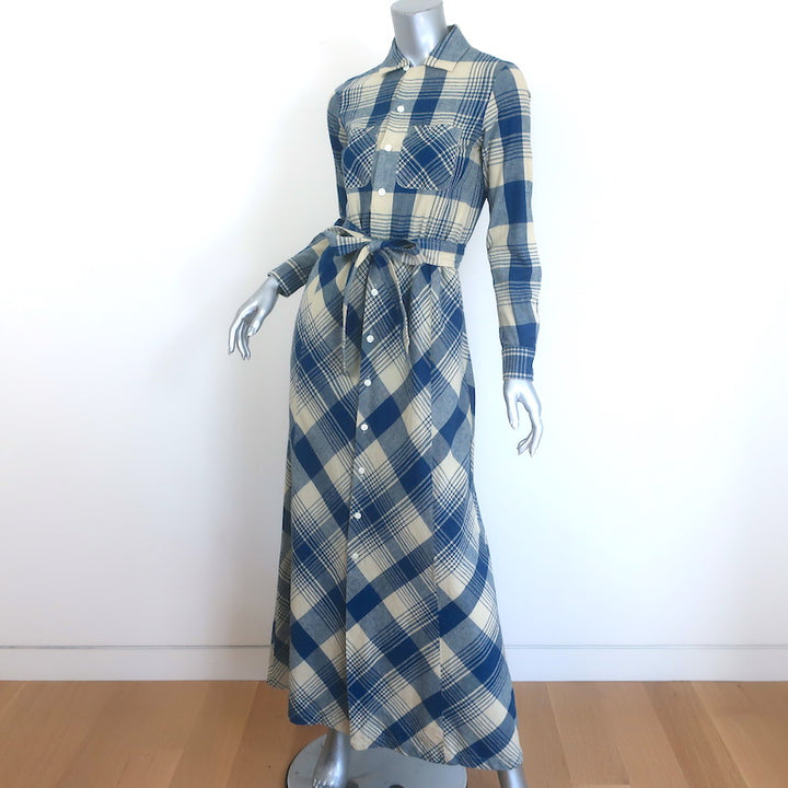 RRL Ralph Lauren Plaid Belted Maxi Shirtdress Blue/Cream Cotton-Linen Size 1