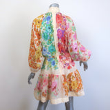 Zimmermann Raie Belted Button-Front Mini Dress Ivory/Multi Floral Print Size 0