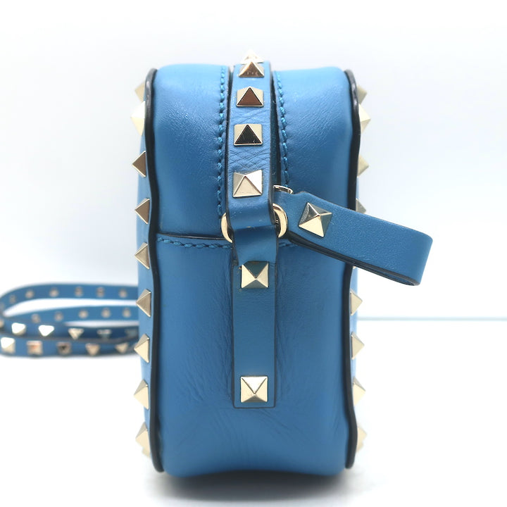 Valentino Rockstud Camera Bag Blue Leather Small Crossbody