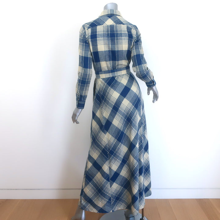 RRL Ralph Lauren Plaid Belted Maxi Shirtdress Blue/Cream Cotton-Linen Size 1