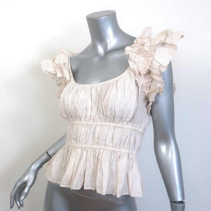 Ulla Johnson Paloma Ruffle Top Beige Striped Linen Size 2 NEW