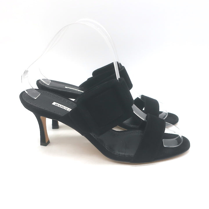 Manolo Blahnik Gable Two-Band Buckle Mules Black Suede Size 39 Open Toe Sandals