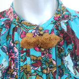 Figue Tassel Tie Long Sleeve Mini Dress Blue Metallic Floral Print Size Small