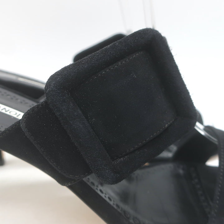 Manolo Blahnik Gable Two-Band Buckle Mules Black Suede Size 39 Open Toe Sandals